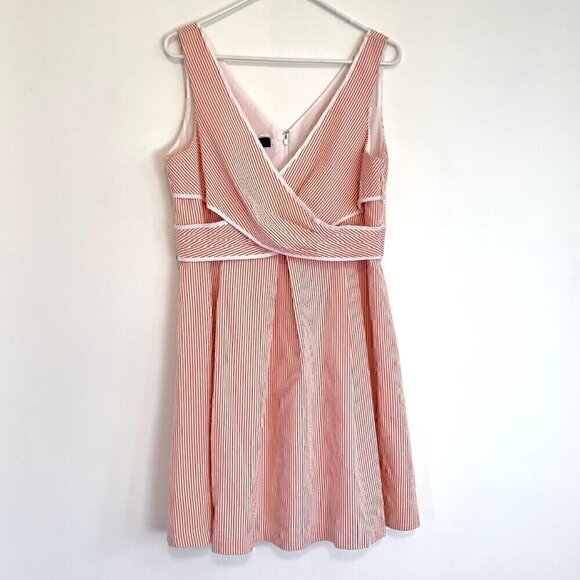 NINE WEST White Coral Orange Stripe Crossover Knee Fit & Flare Dress PETITE 14P - Picture 2 of 14